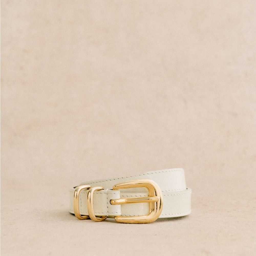 Sezane Cream Leather Belt with Gold Buckle